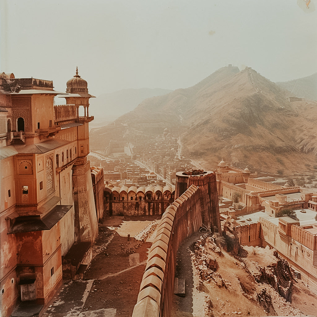 A scenic view of a desert landscape featuring a fort and mountains in the background.