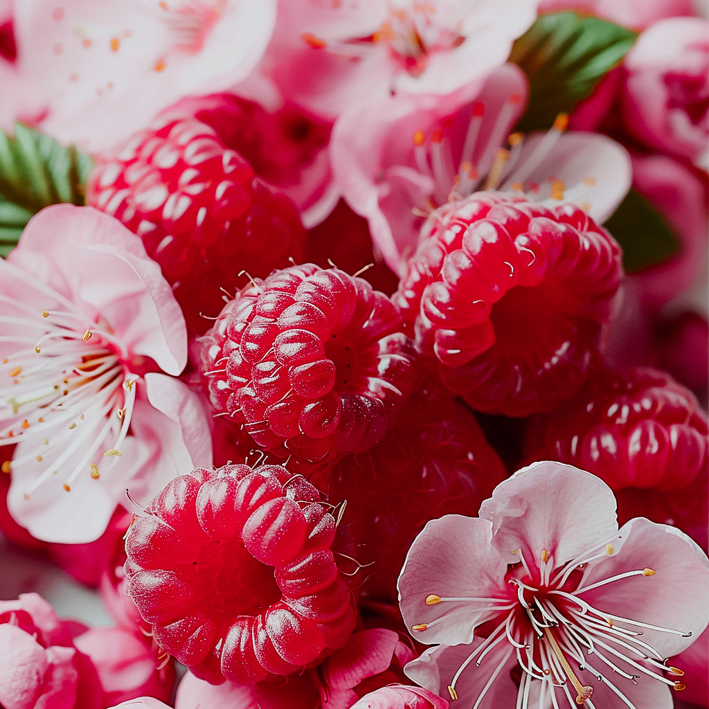 A close-up image of fresh raspberries and raspberry blossoms.