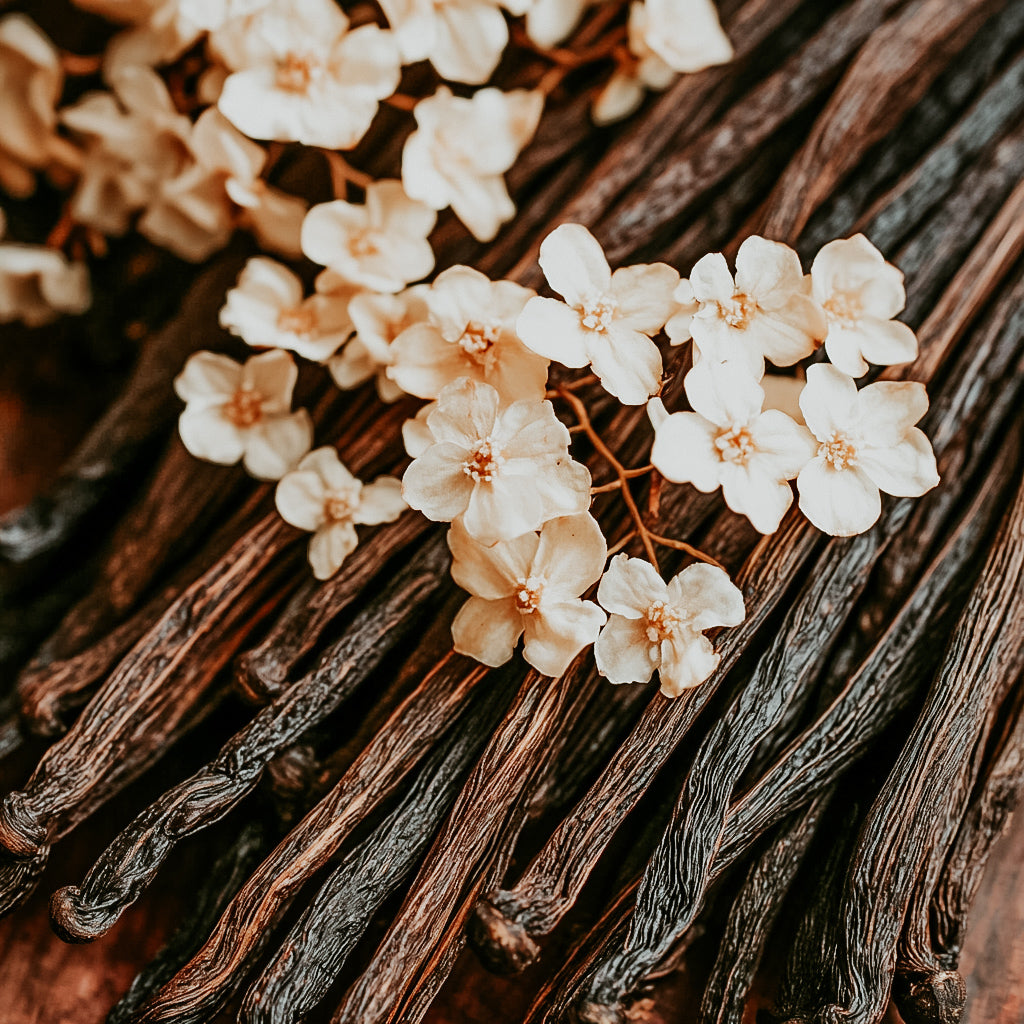 A close-up image of light-colored flowers and dark brown vanilla pods.
