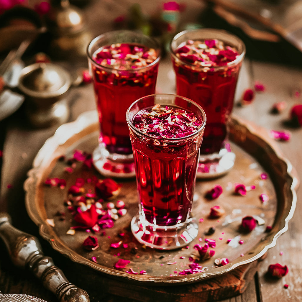 Three glasses of Rose Syrup (Rooh Afza) on a metal tray, garnished with rose petals, with a wooden background.