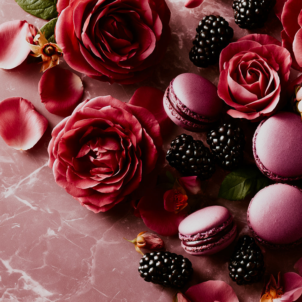 Purple Roses, Blackberries and Macarons