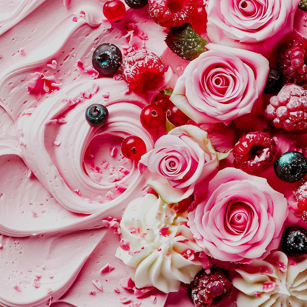 An image pink creme with pieces of berries and rose petals, evoking the scent of rose, berries, and pastries.
