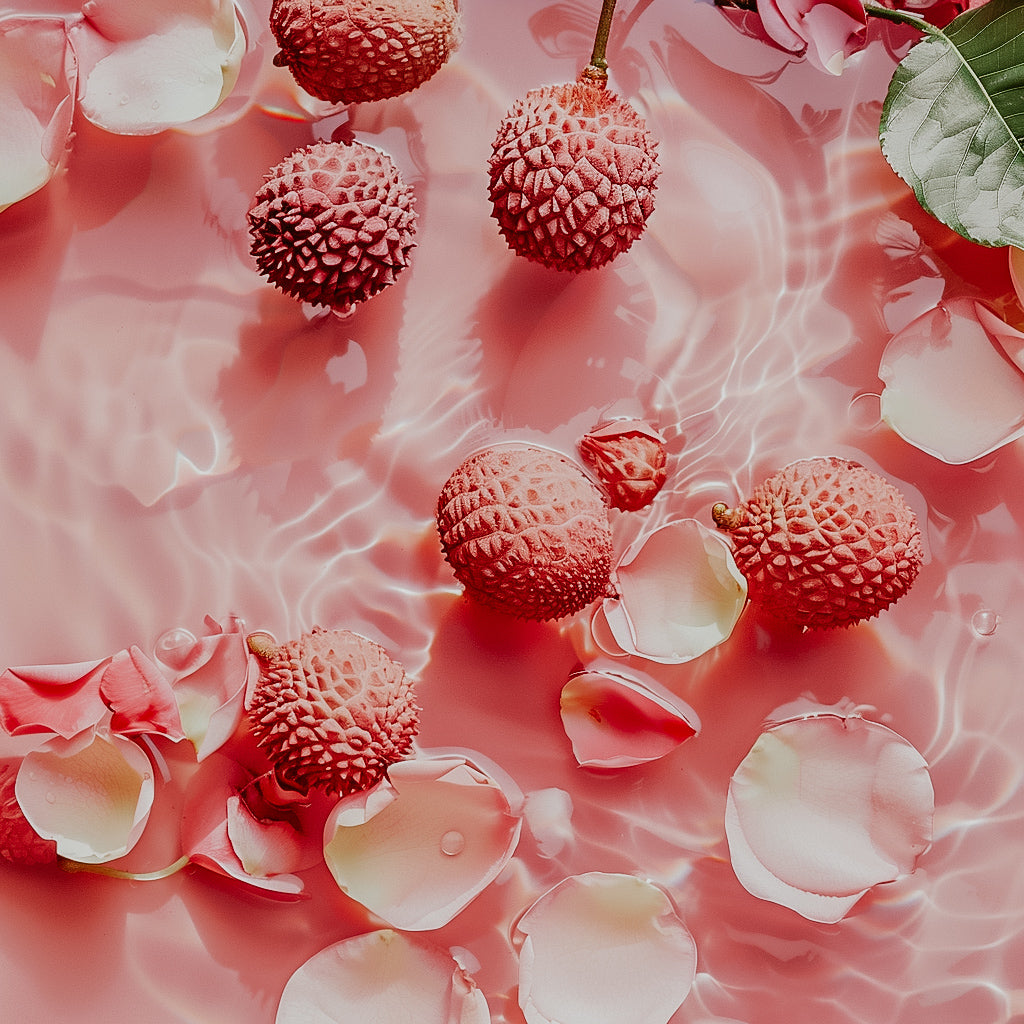 A visual representation of the Rosewater & Lychee, depicting lychees and rose petals on a pink background with water.