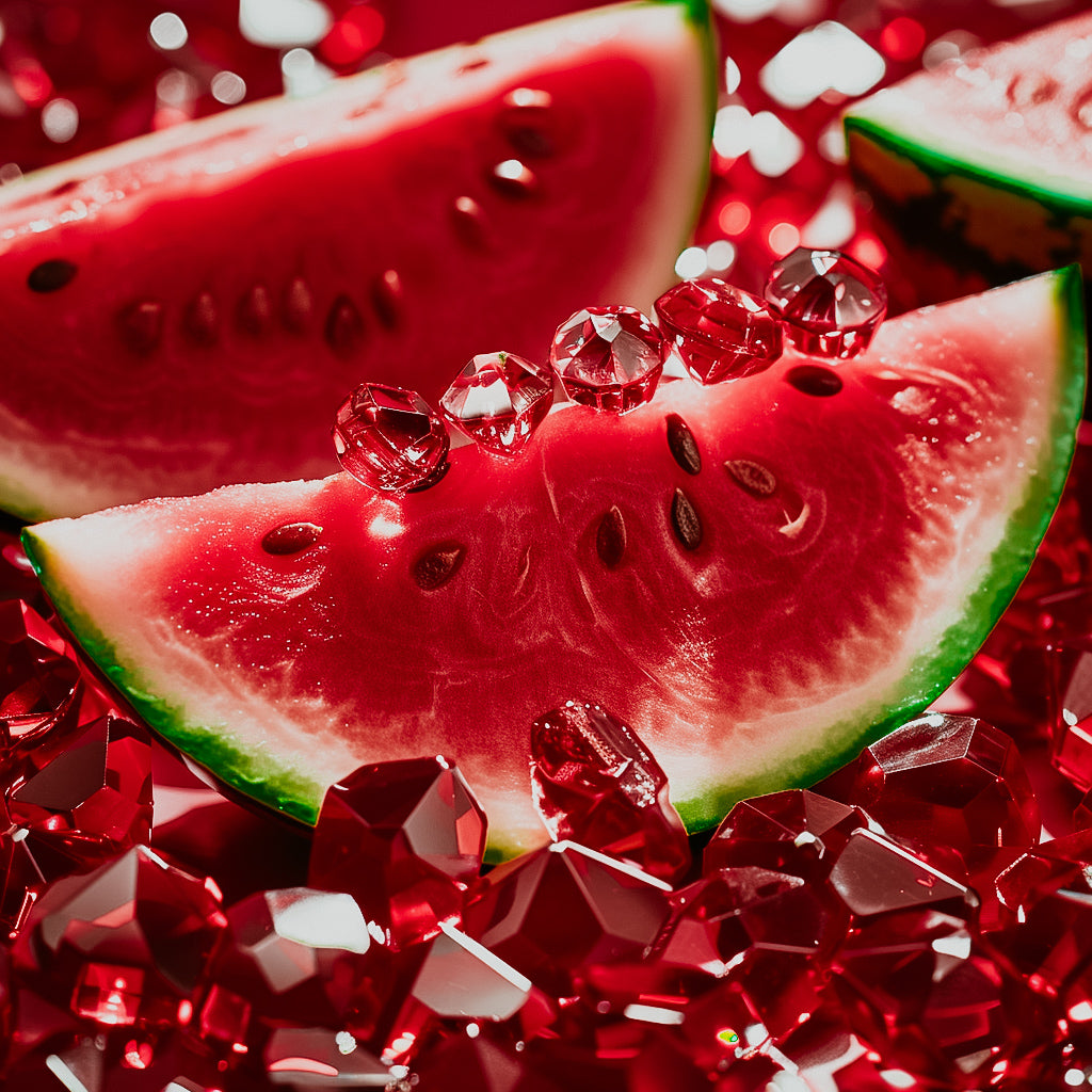 Slices of watermelon with water droplets on them, placed on a surface with red crystal-like pieces.