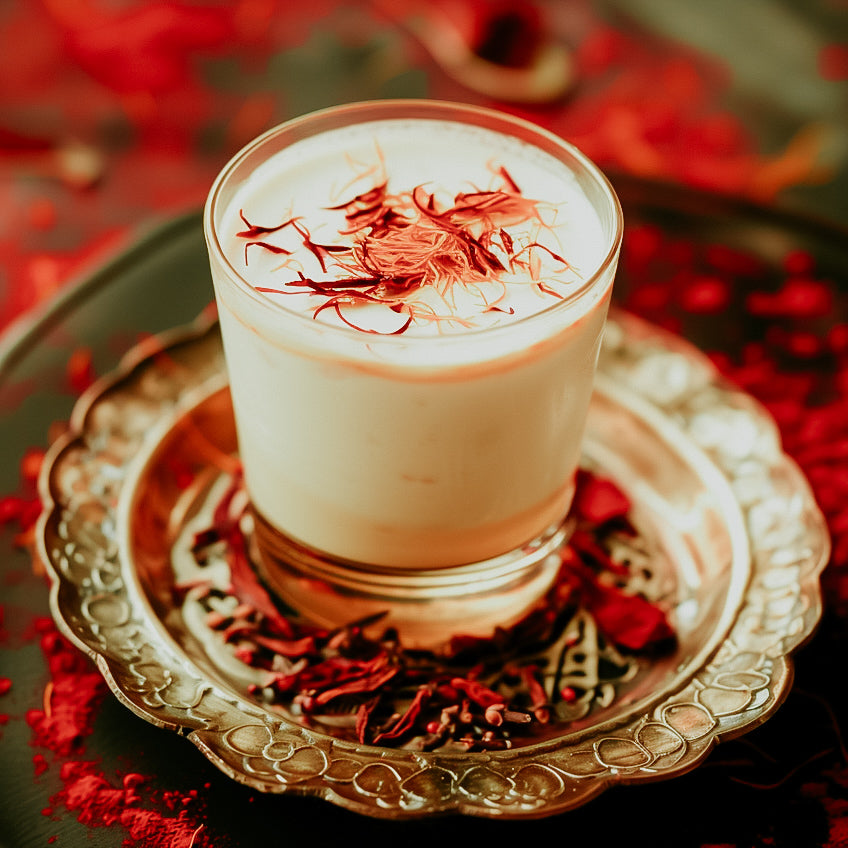 A glass of milk with saffron threads on top, presented on a silver plate with a red background.