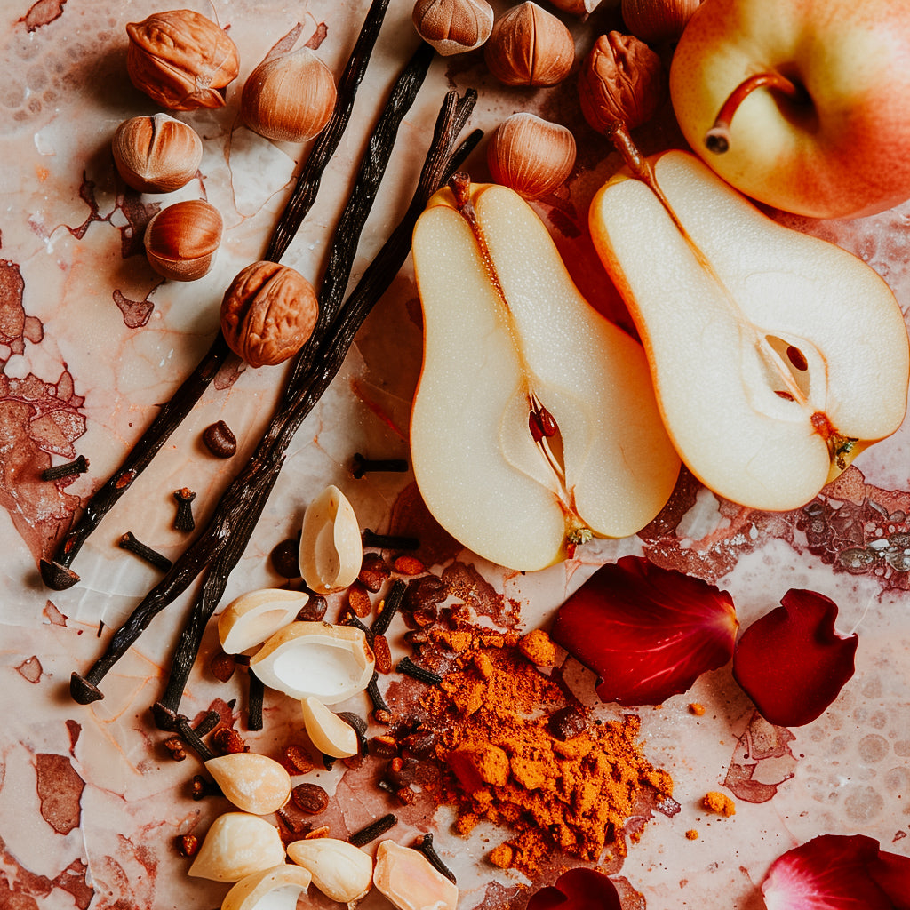 An assortment of food items including sliced pears, hazelnuts, vanilla pods, and petals arranged on a surface, possibly for scent or culinary purposes.