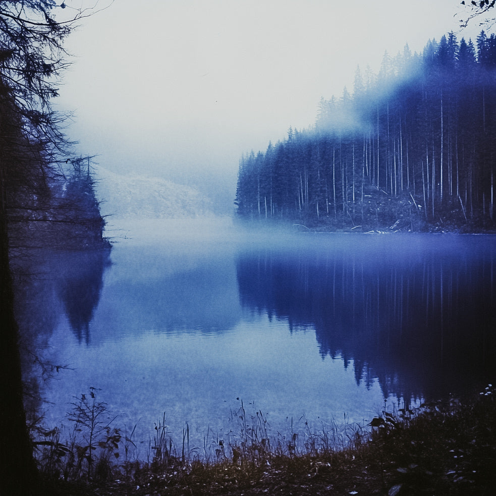 A serene lake surrounded by trees with a misty atmosphere, possibly inspiring the fragrance of a product.