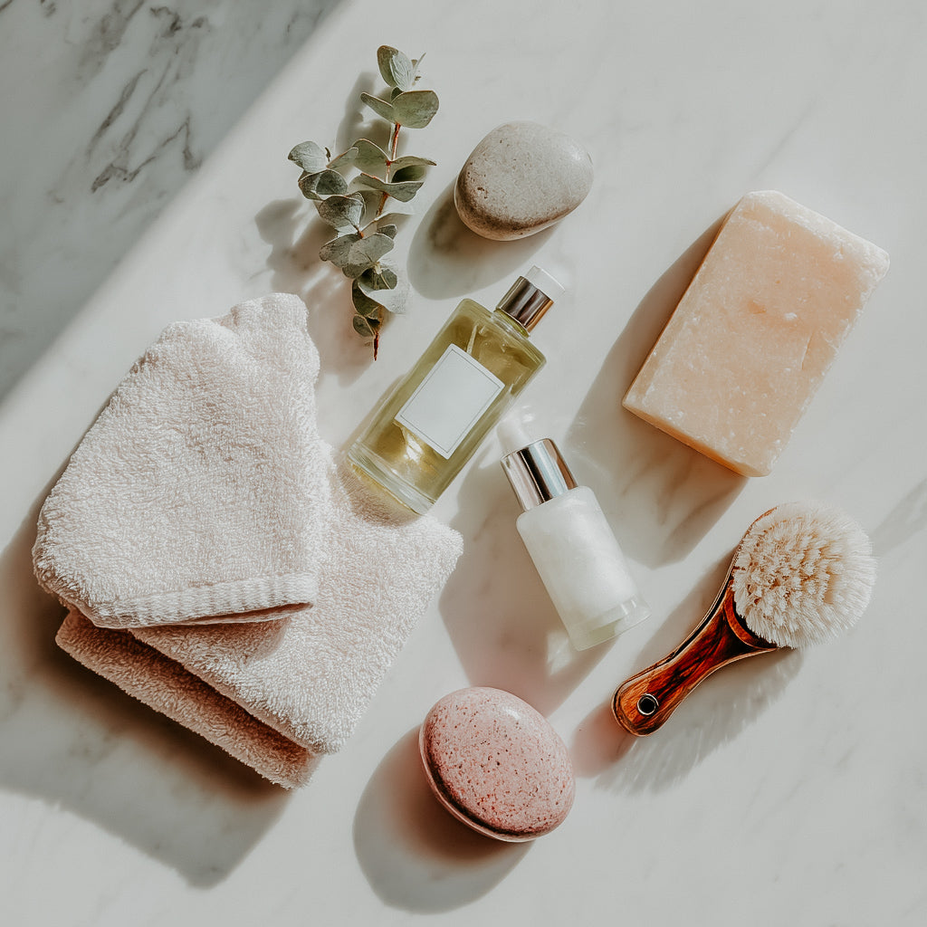An assortment of self-care items including a fragrance oil bottle, a candle, a loofah, a brush, a bar of soap, a towel, and a small plant on a marble surface.