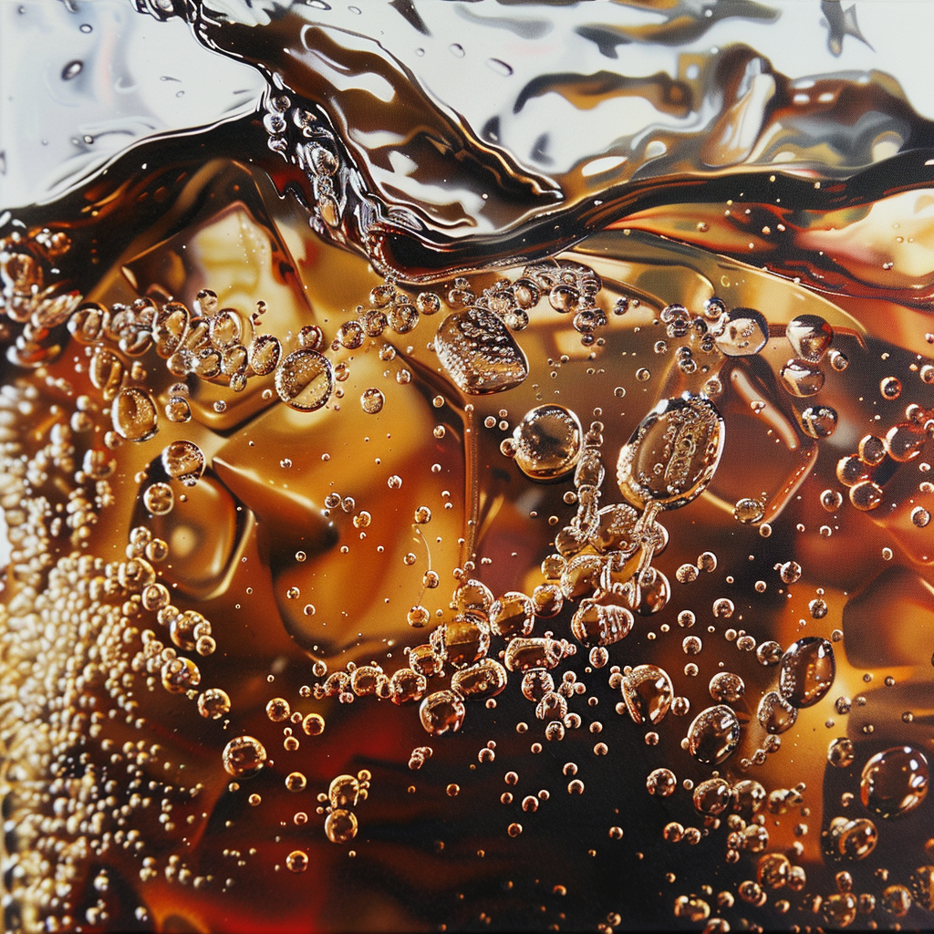 Close-up image of a fizzy drink with ice cubes and bubbles, representing the soda pop fragrance oil.