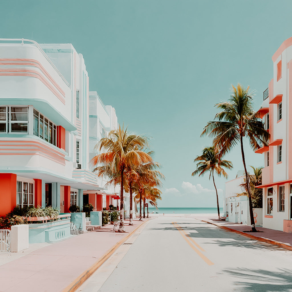 Art Deco buildings with palm trees on a beach street in Miami