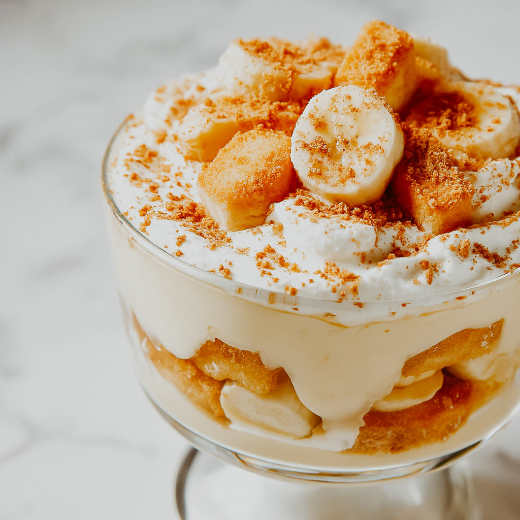 A bowl of Southern banana pudding with layers of bananas, vanilla custard, and whipped cream, topped with crushed wafers and a banana slice.