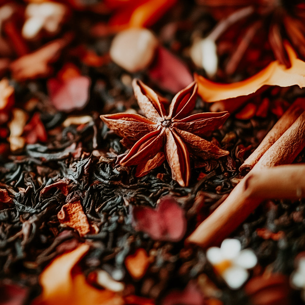A close-up image of spiced tea leaves with visible spices and petals, illustrating the fragrance oil's natural and earthy scents.