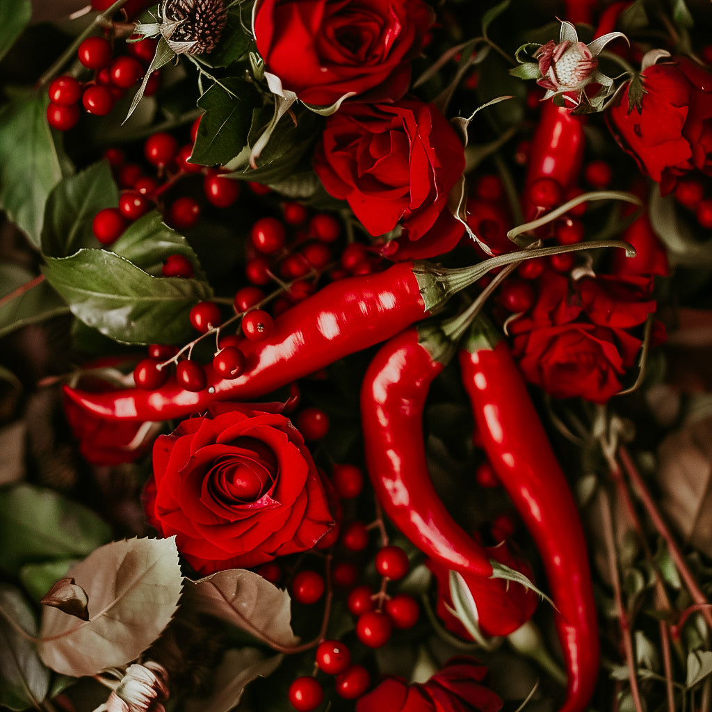 A close-up image of red roses, chili peppers, and other foliage, representing the 'Sriracha Rose' fragrance oil which combines spicy and floral notes.