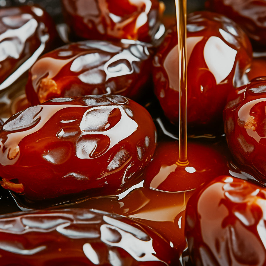 A close-up image of dates being drizzled with caramel syrup, highlighting their glossy texture.