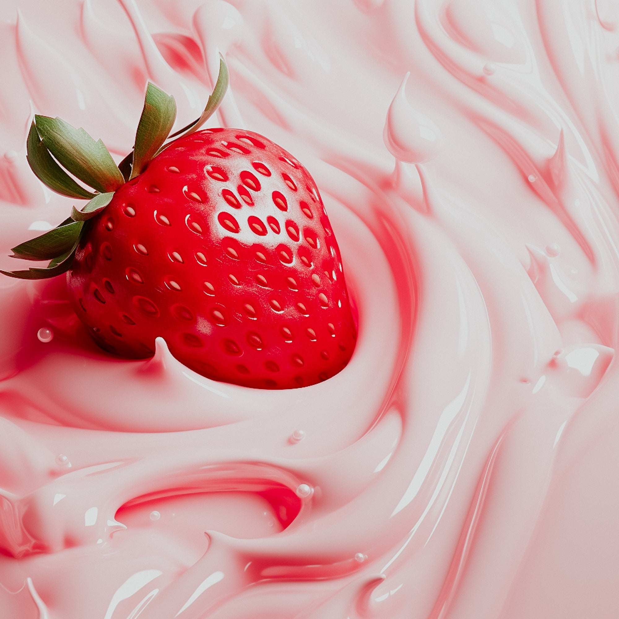 A close-up image of a fresh strawberry in a creamy pink milk.