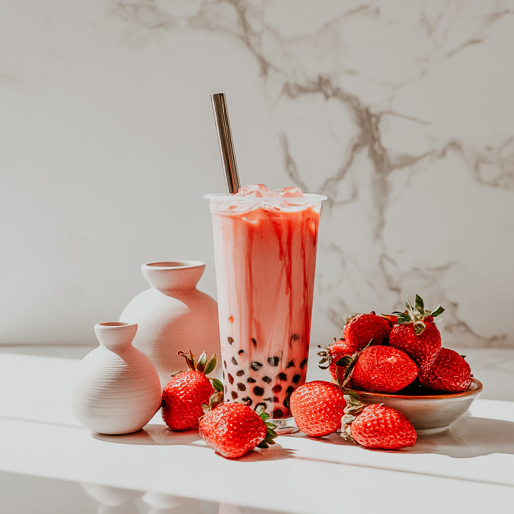 A glass of strawberry milk tea with a straw, surrounded by fresh strawberries and a small white vase on a marble surface.