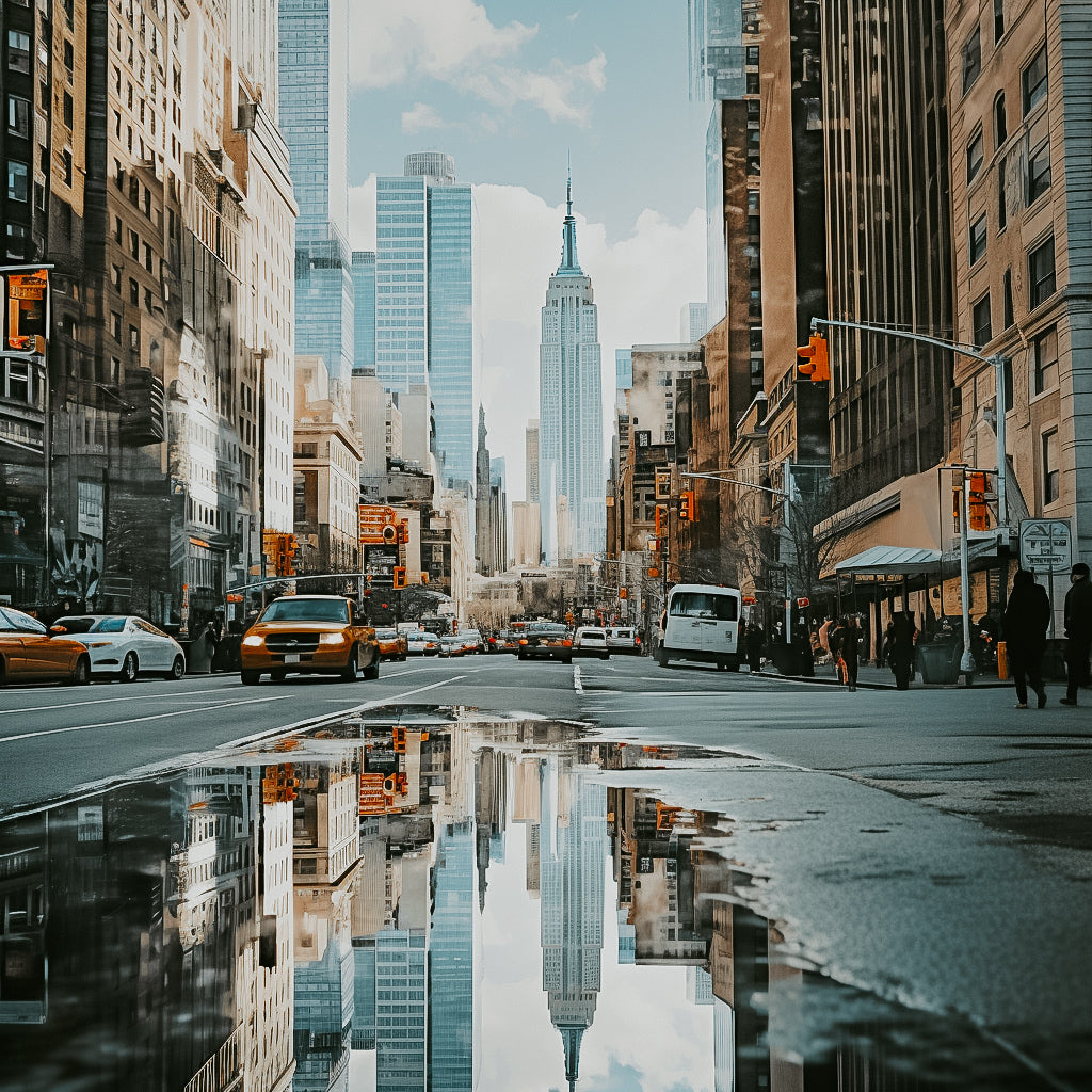 A vibrant image of a city street with high-rise buildings, featuring the Empire State Building in the background. The street is wet, reflecting the buildings and vehicles, and there are people and vehicles on the street.