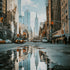 A vibrant image of a city street with high-rise buildings, featuring the Empire State Building in the background. The street is wet, reflecting the buildings and vehicles, and there are people and vehicles on the street.