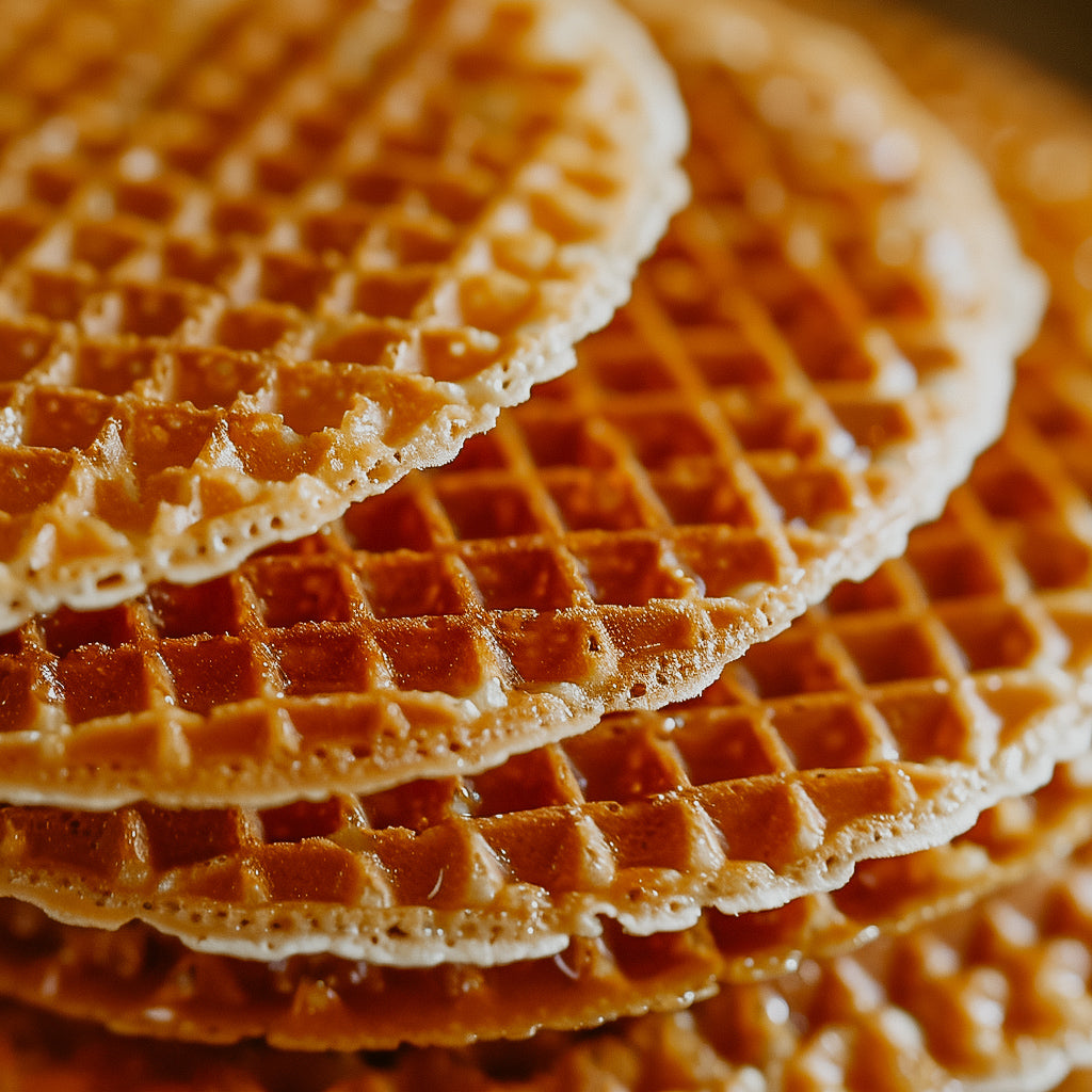 A close-up image of stacked stroopwafels, which are Dutch waffle cookies, showcasing their golden-brown grid-like pattern.
