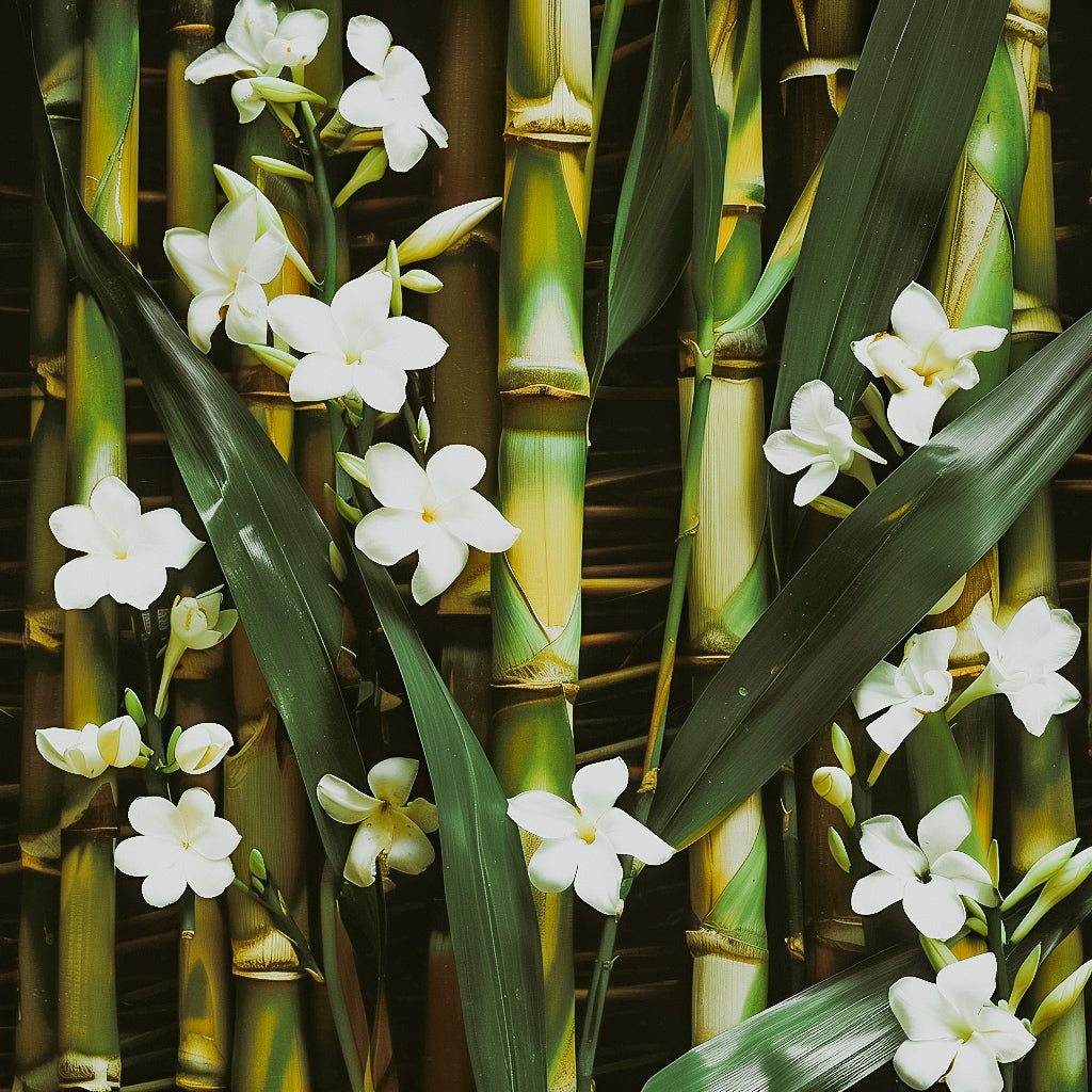 A close-up image of white jasmine flowers with green leaves, likely used to represent the 'Sugarcane Jasmine' fragrance oil.