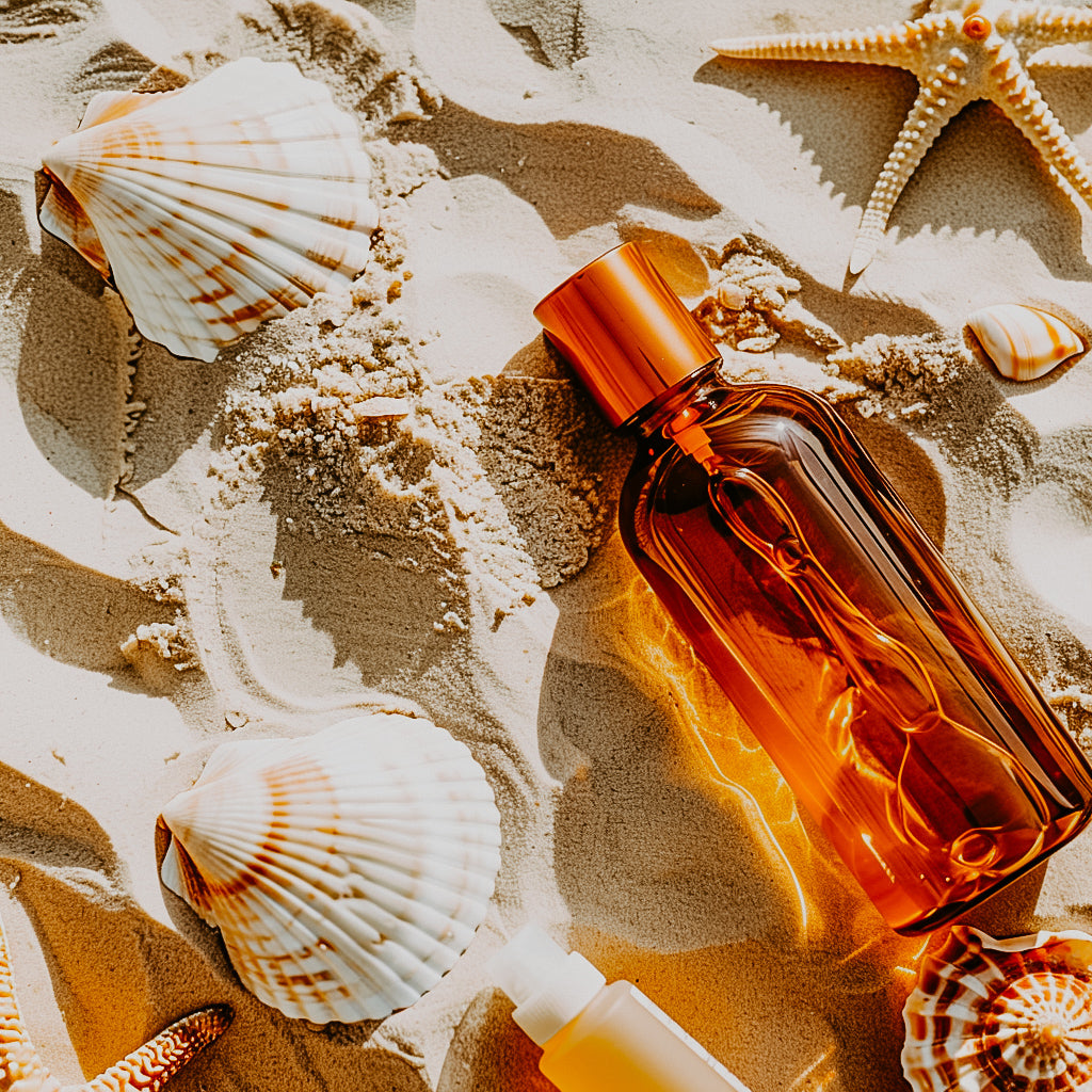 A bottle of suntanning oil lying on a sandy surface surrounded by seashells and a starfish, suggesting a beach-themed setting.