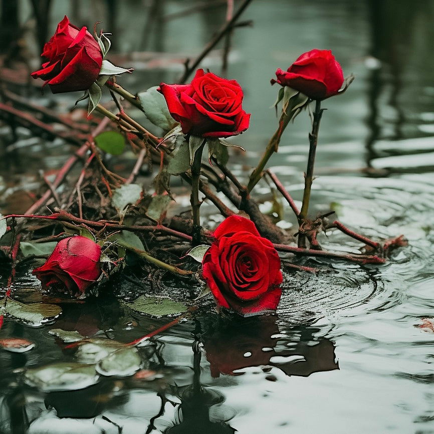 Red roses floating in water, with the roses appearing vibrant and fresh, set against a backdrop of greenery and water.