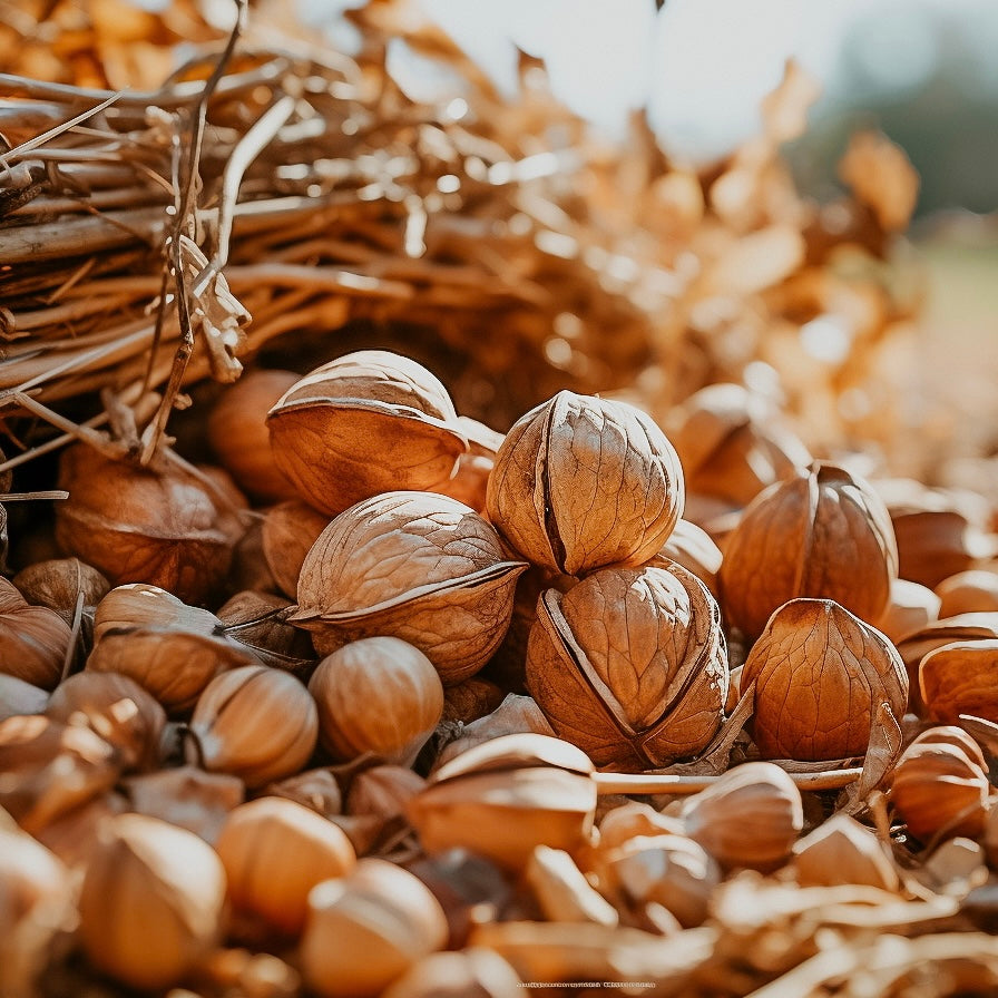 A pile of toasted walnuts with a rustic background, emphasizing the fragrance oil's natural and autumnal scent profile.