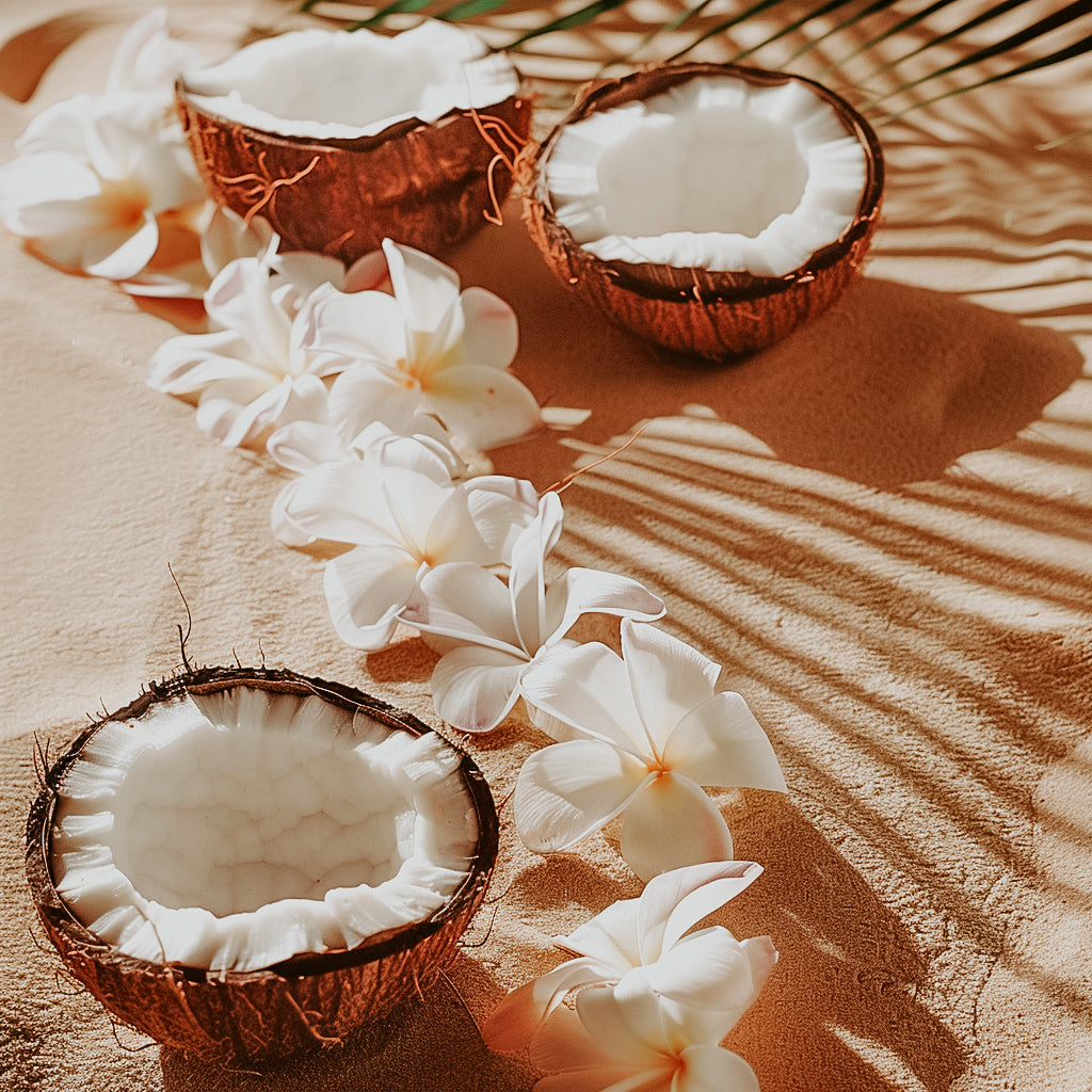 A fragrance oil bottle with an image of two coconuts and white flowers on a sandy surface, possibly suggesting the scent of coconut and floral notes in the product.