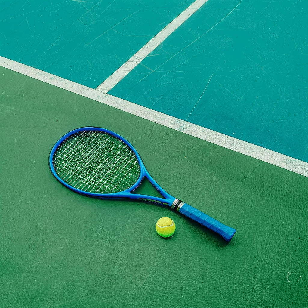 A blue tennis racket and a yellow tennis ball placed on a green tennis court, with a white line visible in the background.