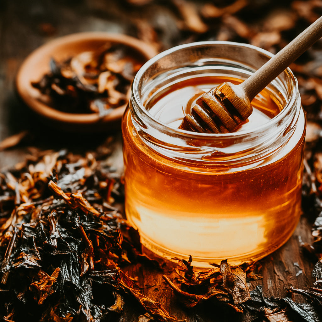 A glass jar filled with honey, with a wooden honey dipper resting on top. The jar is placed on a surface with scattered tobacco leaves around it.