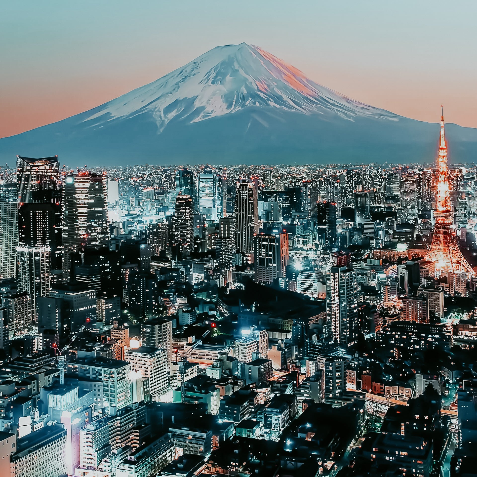 A scenic view of Tokyo cityscape with Mount Fuji in the background.