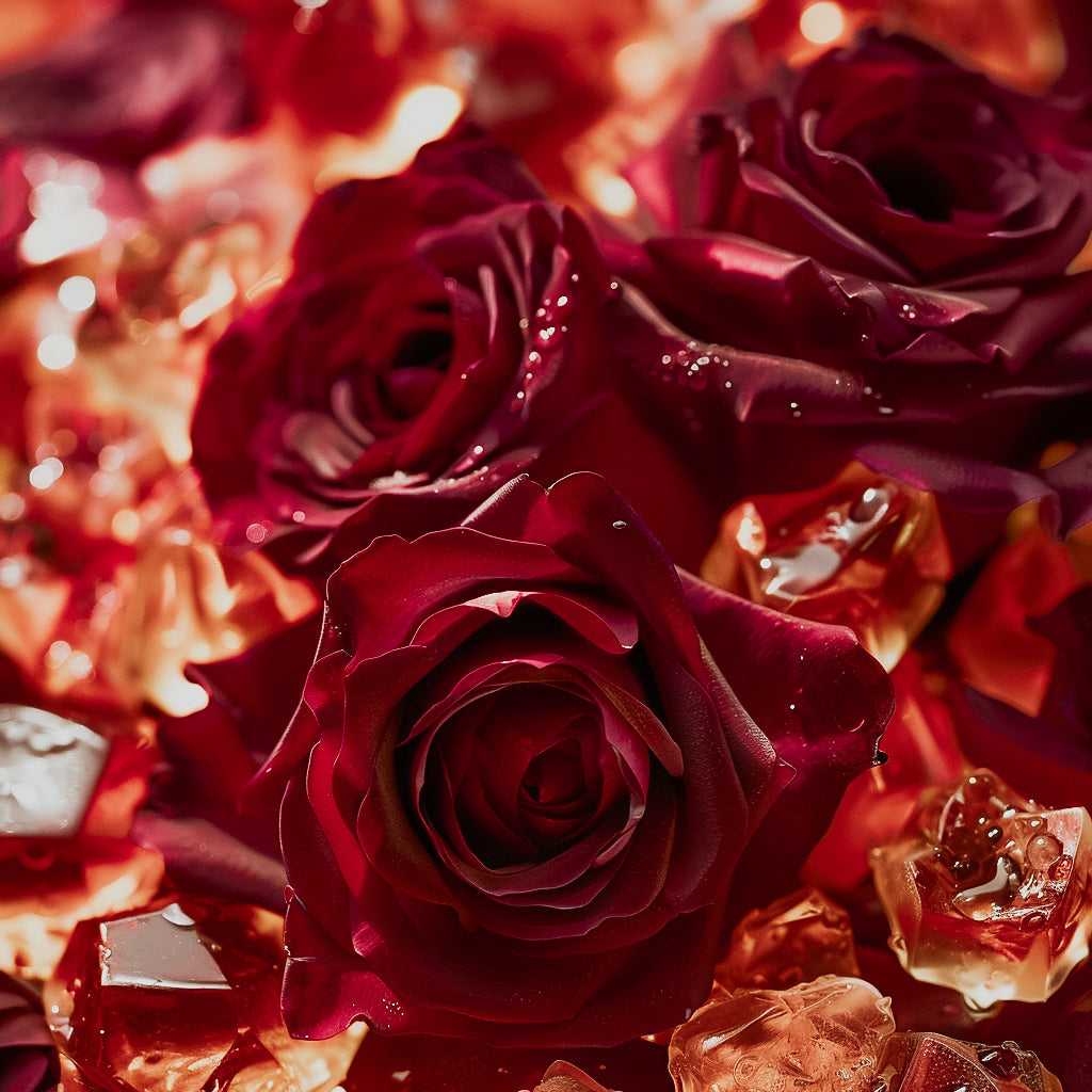 A close-up image of red roses with visible dew drops, surrounded by amber colored fragrance beads.