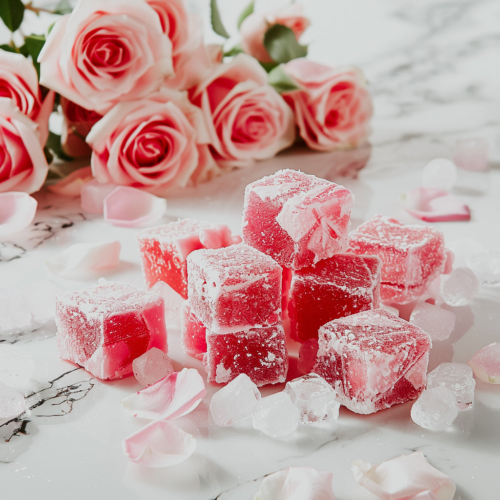 Red colored Turkish delight sweets with powdered sugar on top, accompanied by pink roses and scattered rose petals on a marble surface.