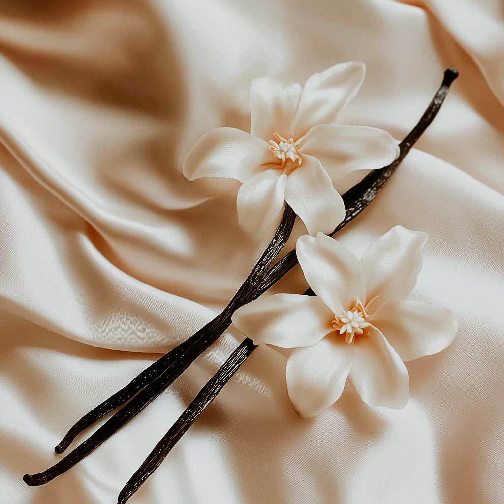A photo of vanilla beans and a flower on a silky background.