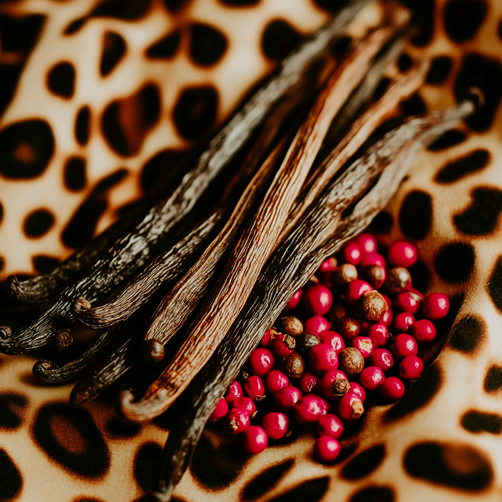 A photo of vanilla beans and red berries arranged around it, placed on a surface with a leopard print pattern.