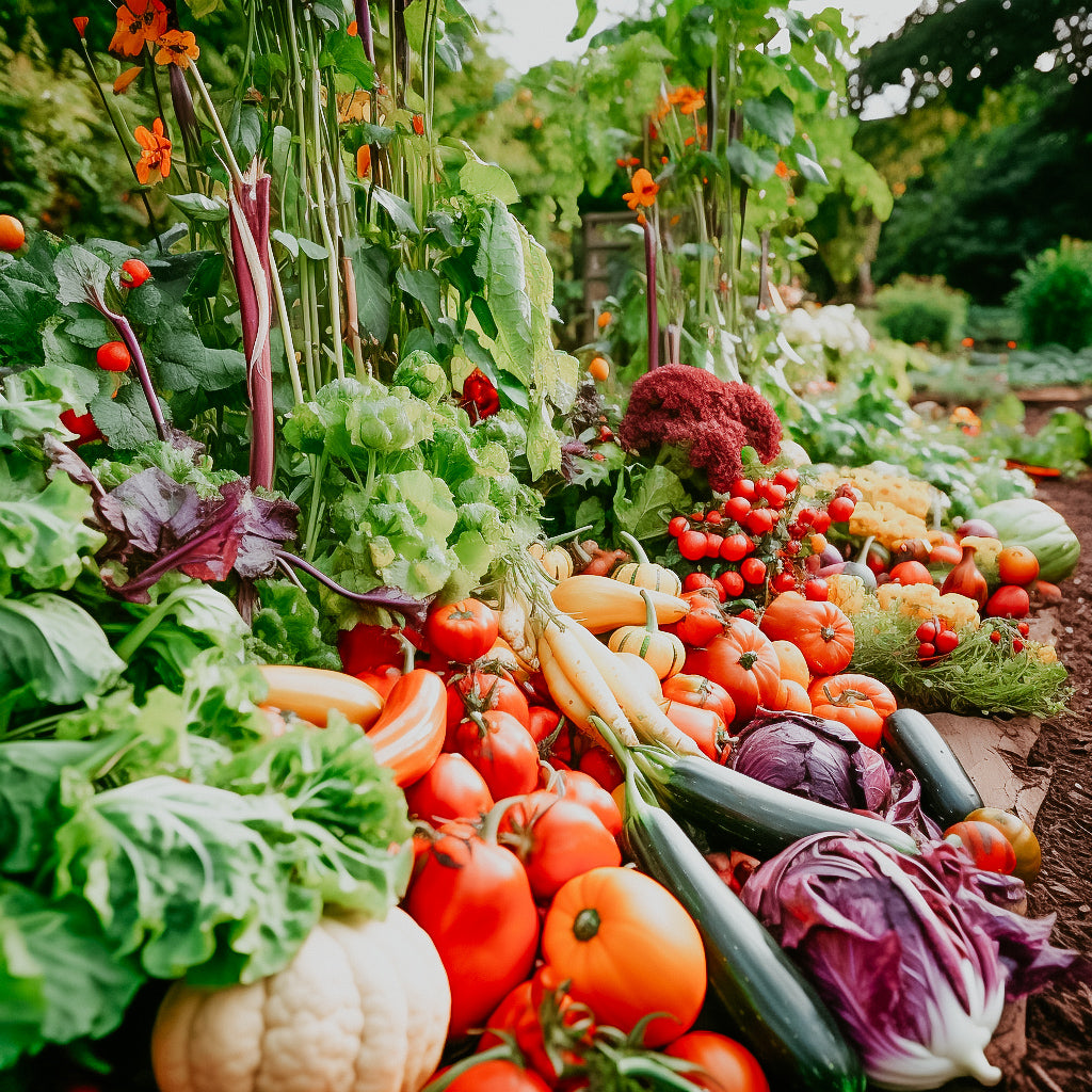An array of fresh vegetables arranged in a garden setting, including leafy greens, tomatoes, cucumbers, and other vegetables, representing the fragrance oil's connection to nature and earthy scents.