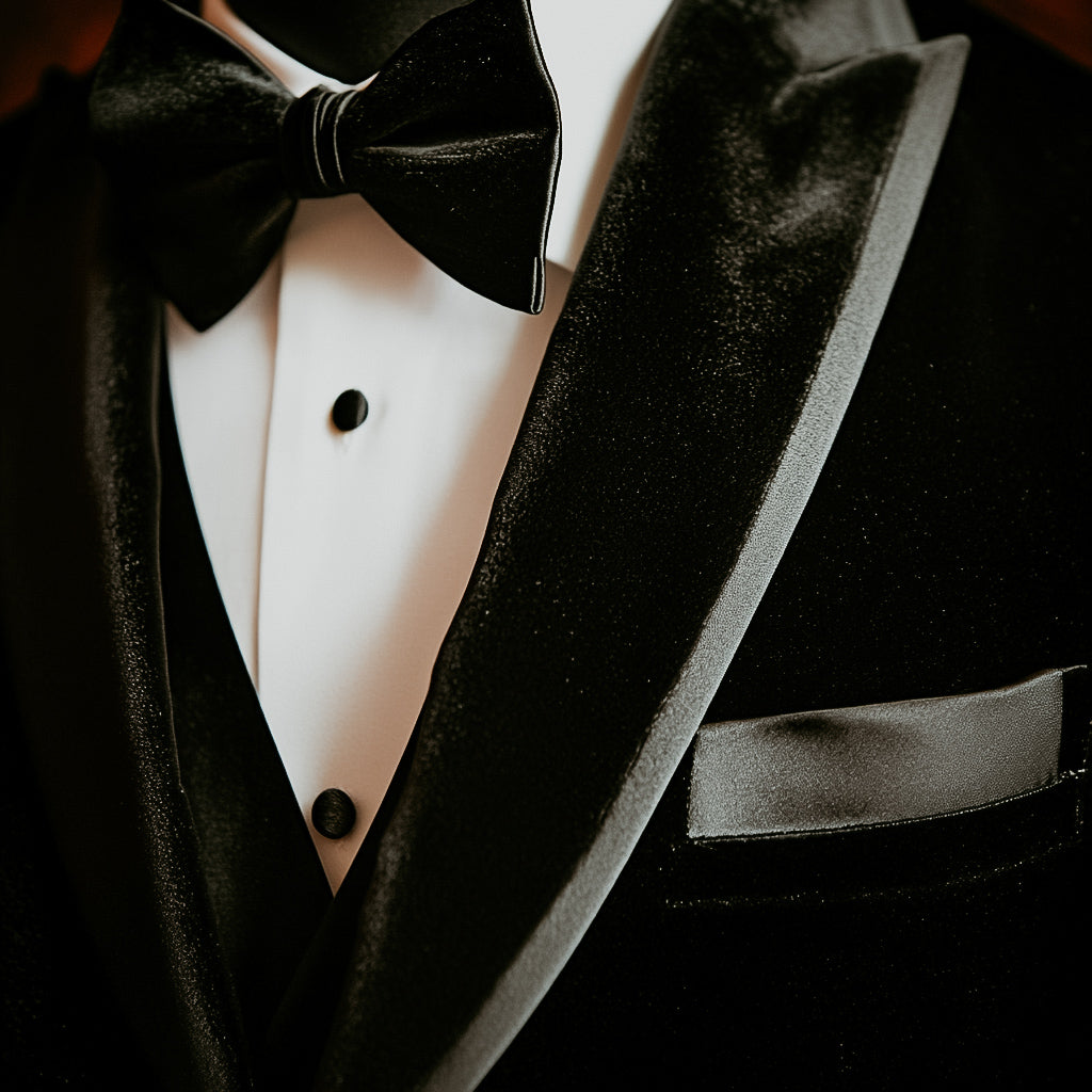 A close-up of a man's tuxedo featuring a black velvet jacket and bow tie with a white shirt.
