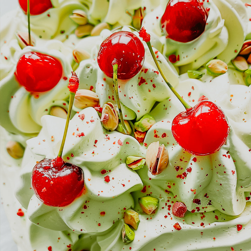 A close-up image of whipped cream topped with red cherries and green pistachio nuts, representing the fragrance oil's namesake.