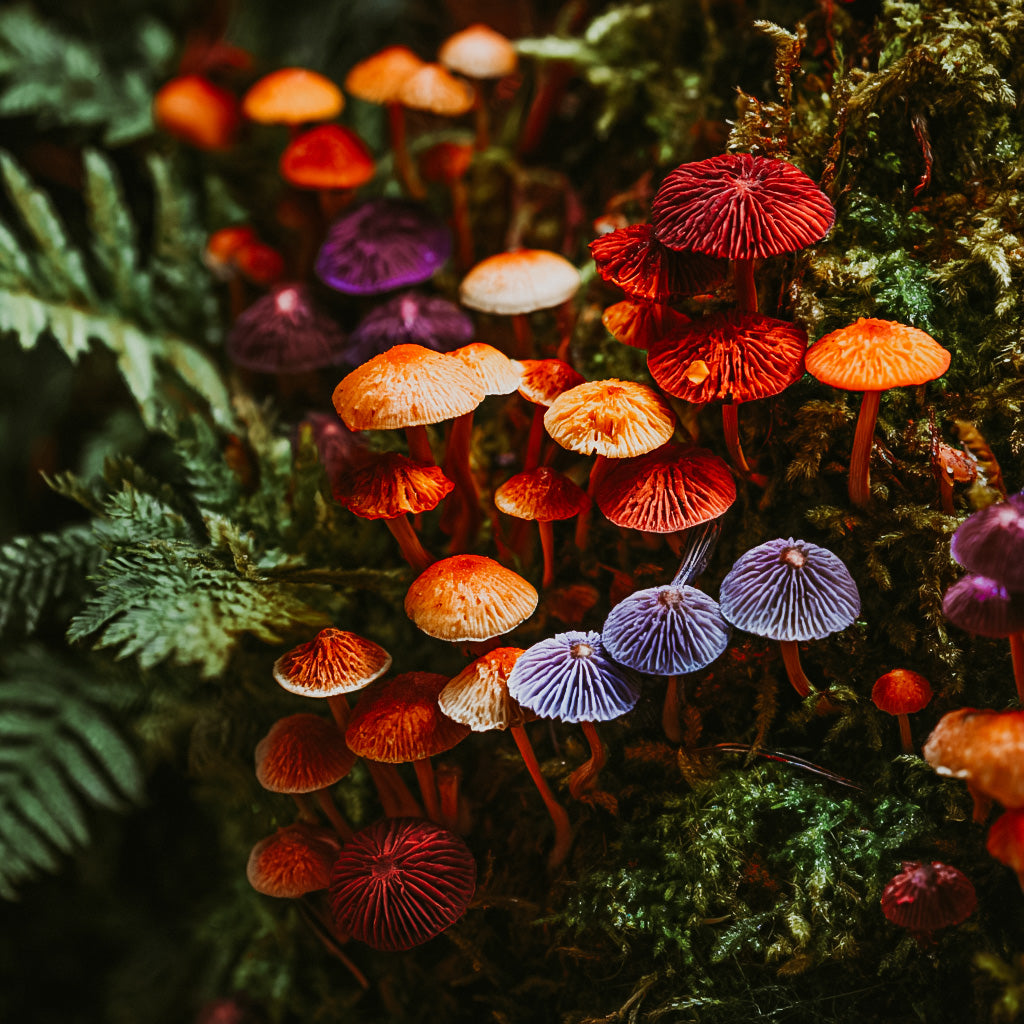 Colorful mushrooms on a mossy surface with green foliage