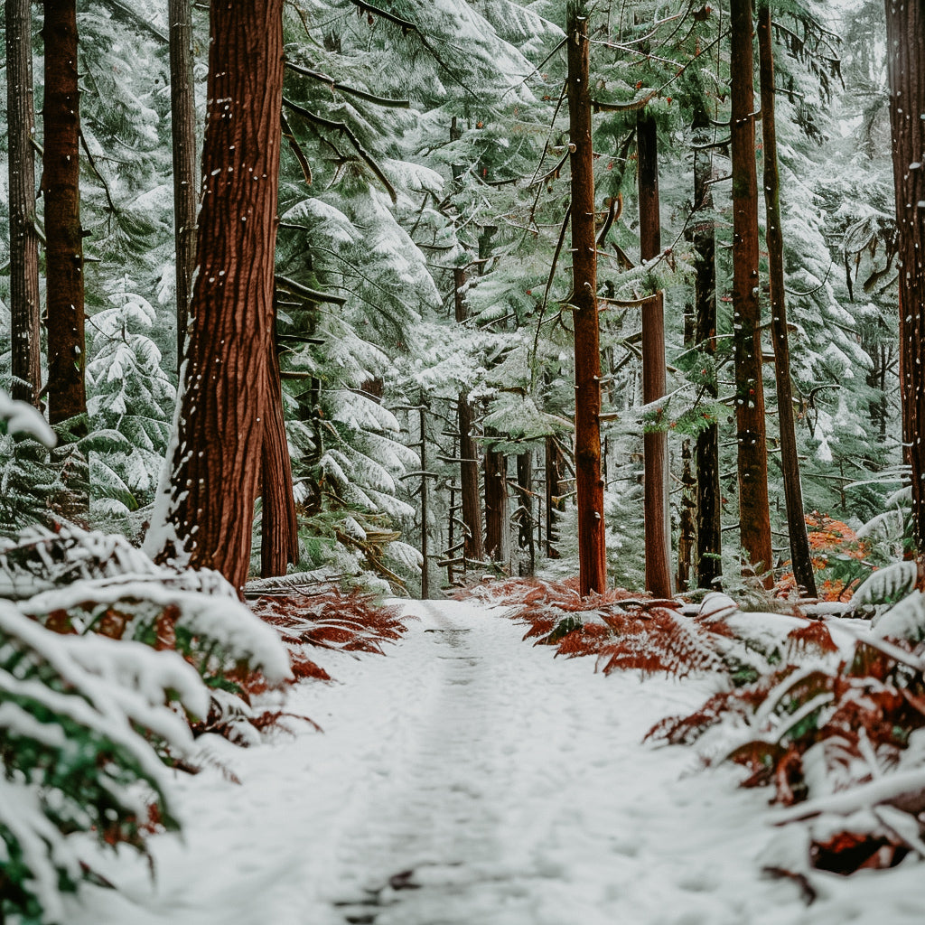 A snowy forest path leading towards a cabin in the distance, representing the 'Winter Stroll' fragrance oil.