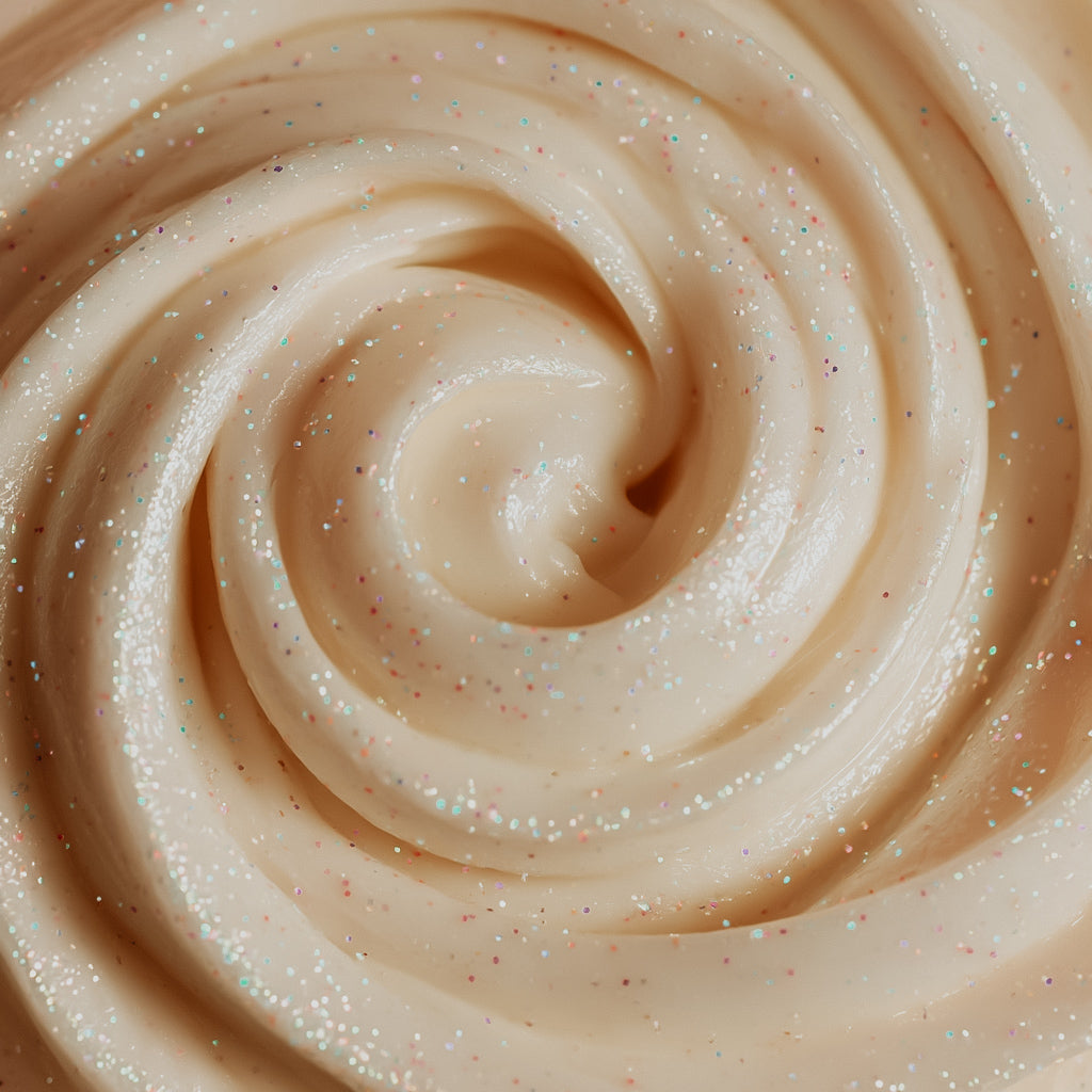 A close-up image of a swirling, creamy white fragrance oil with small glitter particles, suggesting a lush and indulgent texture.