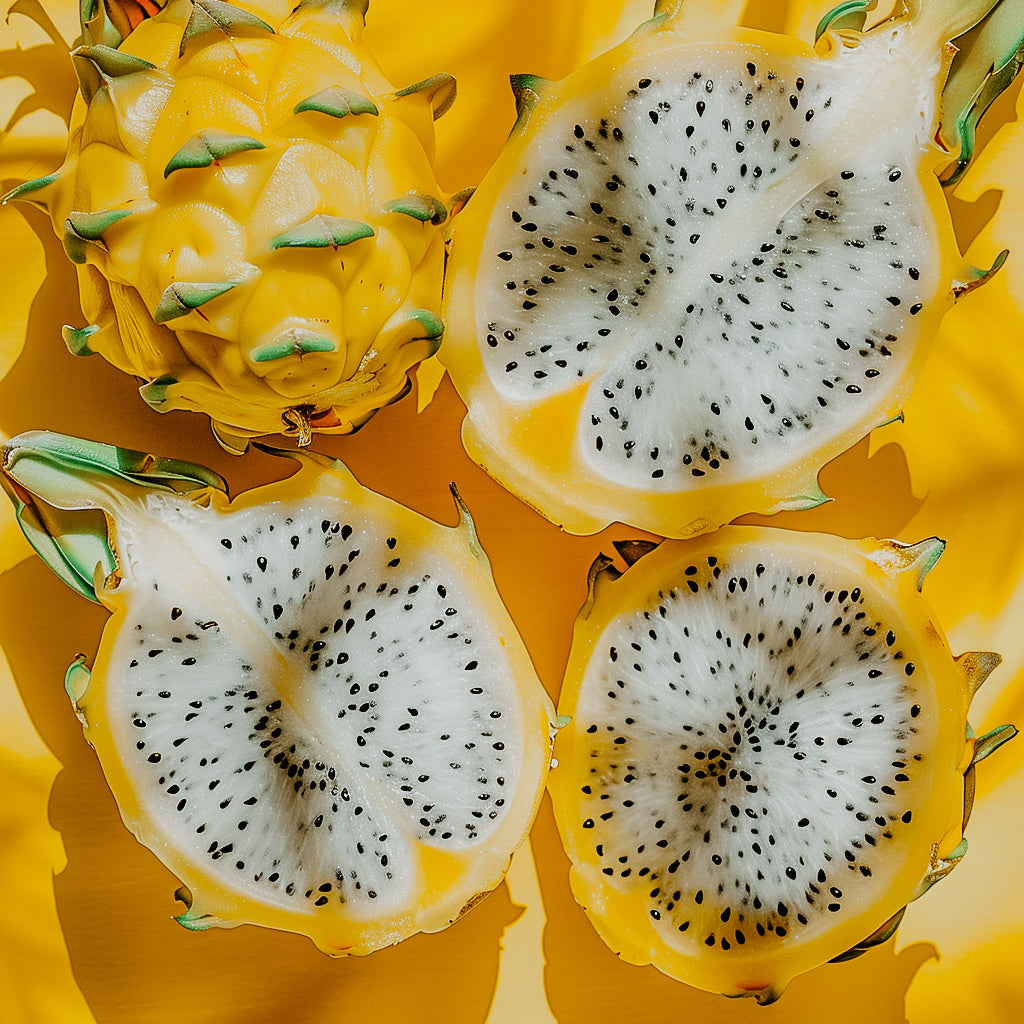 A fragrance oil bottle with a yellow dragonfruit depicted in the background, suggesting the scent of the product.